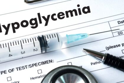 Word hypoglycemia on a diagnosis sheet with a pen and syringe