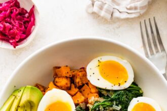 A breakfast bowl with 2 soft boiled eggs, 3 turkey sausage, sliced avocado, sauerkraut, roasted sweet potatoes and sautéed kale all in a white bowl.